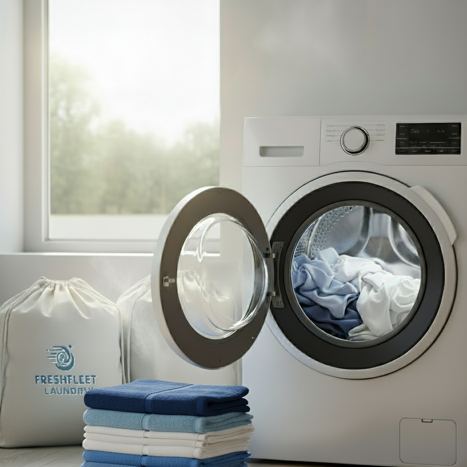 White washing machine with open door showing laundry, stack of folded clothes, and Freshfleet Laundry bag in a room with a window.
