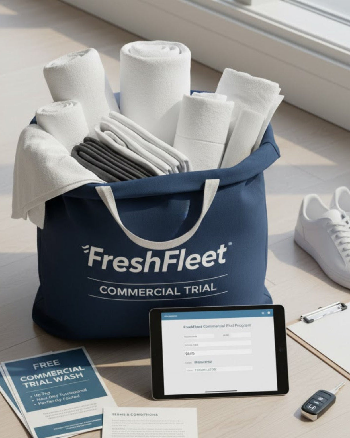 Blue 'FreshFleet' bag filled with white towels on a light wooden floor.