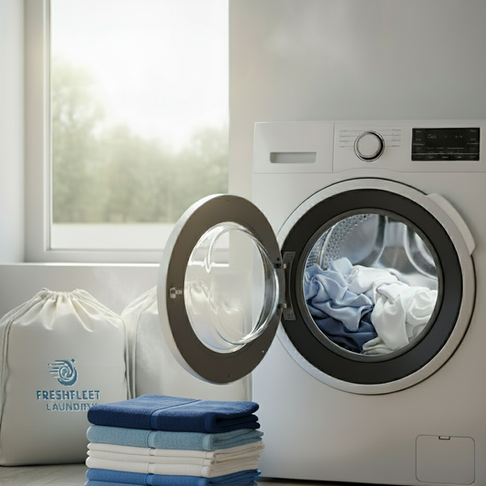 White washing machine with open door showing laundry, stack of folded clothes, and Freshfleet Laundry bag in a room with a window.