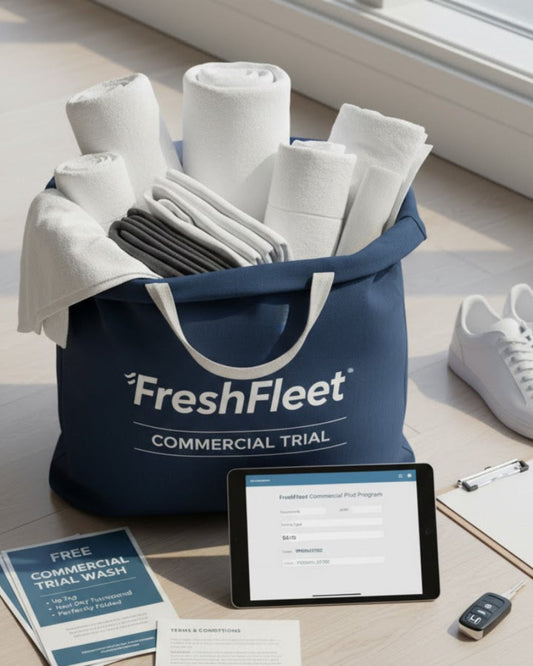 Blue 'FreshFleet' bag filled with white towels on a light wooden floor.